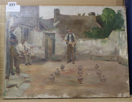 Irish School, oil on canvas, Figures playing a boule-like game, 33 x 44cm, unframed